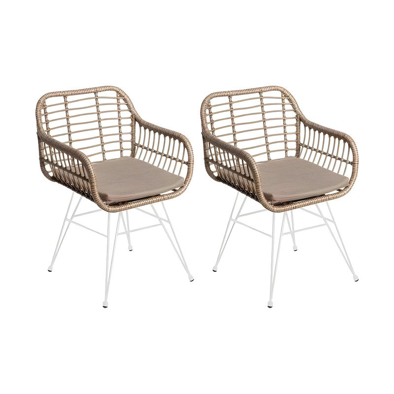 Set of 2 White Rattan and Steel Garden Chairs with Arms
