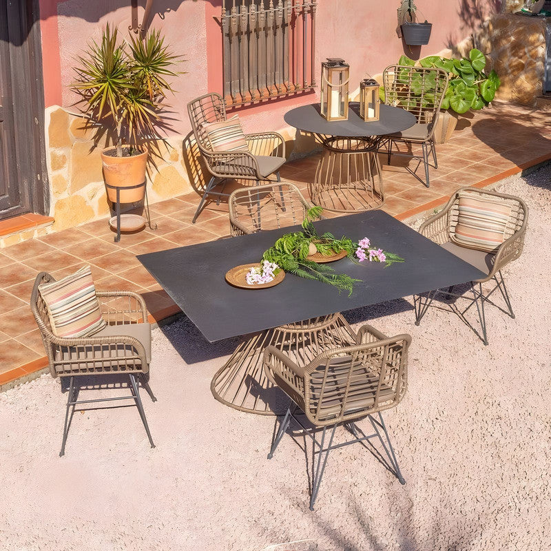 Dining Table 6-8 People Glass and Black Synthetic Rattan