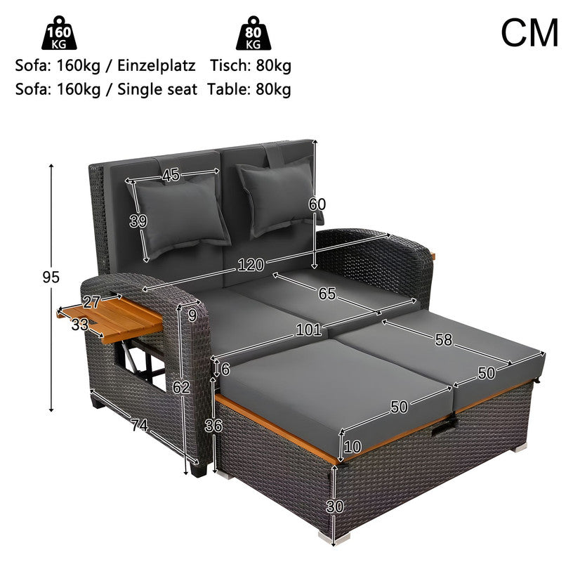 Versatile Garden Lounge Set with 3-Position Bed & Storage