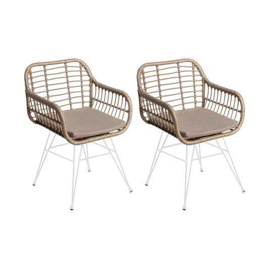 Set of 2 White Rattan and Steel Garden Chairs with Arms
