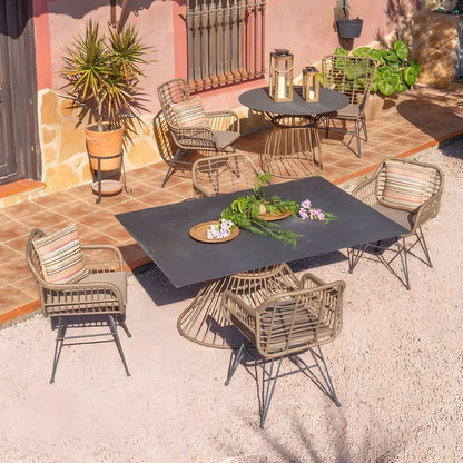 Dining Table 6-8 People Glass and Black Synthetic Rattan
